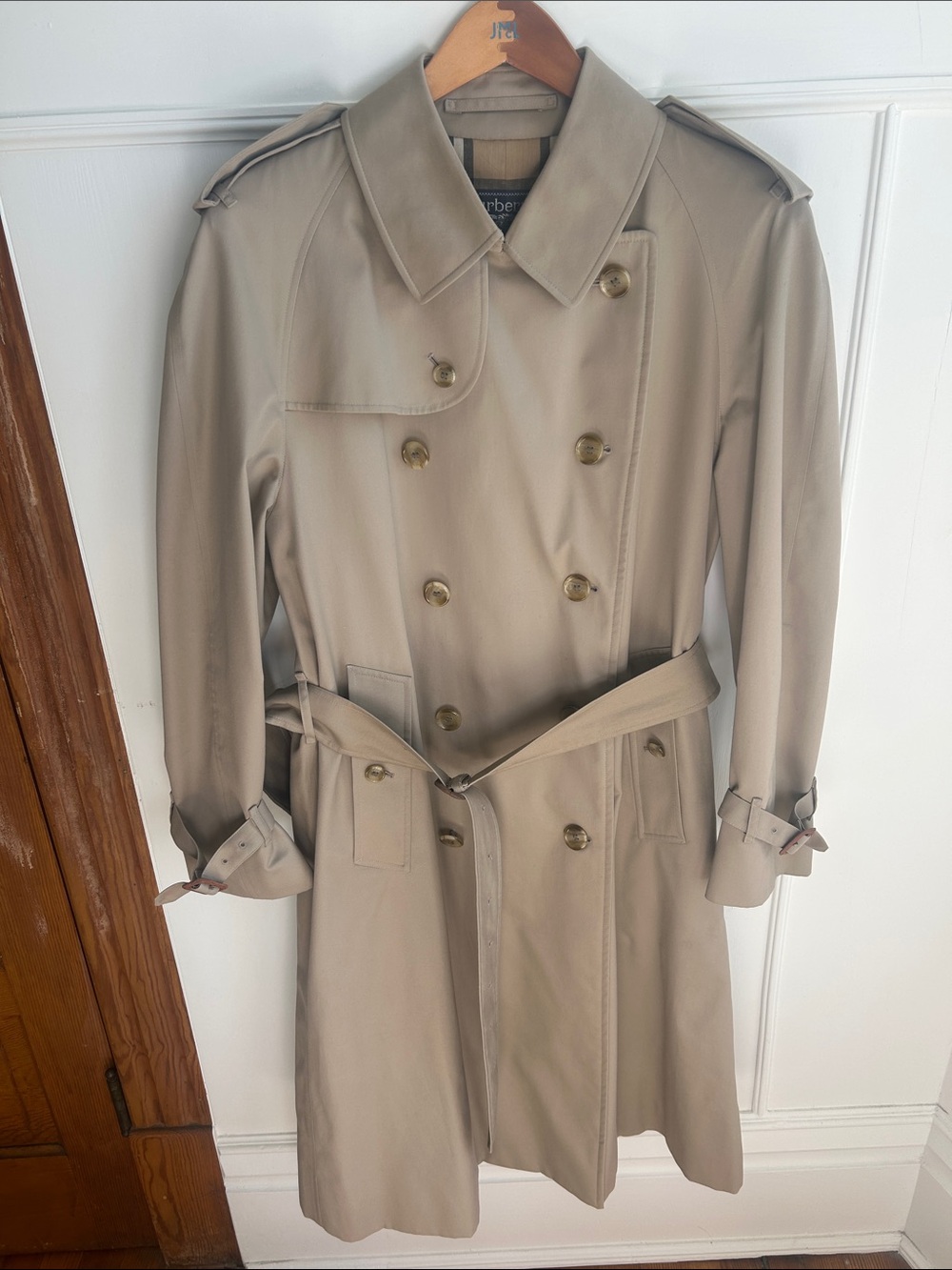 Burberry Tan Double-Breasted Trench Coat with Belted Waist